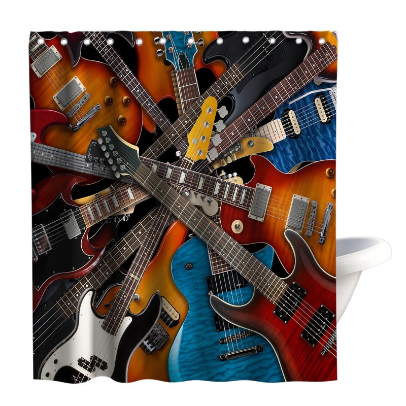 Final Friday Music Shower Curtain Instruments Kinds of Guitar Musical Theme Fabric Bathroom Decor Sets with Grommets and Hooks 72 x 72 Inch Brown,White, Blue - Image 1